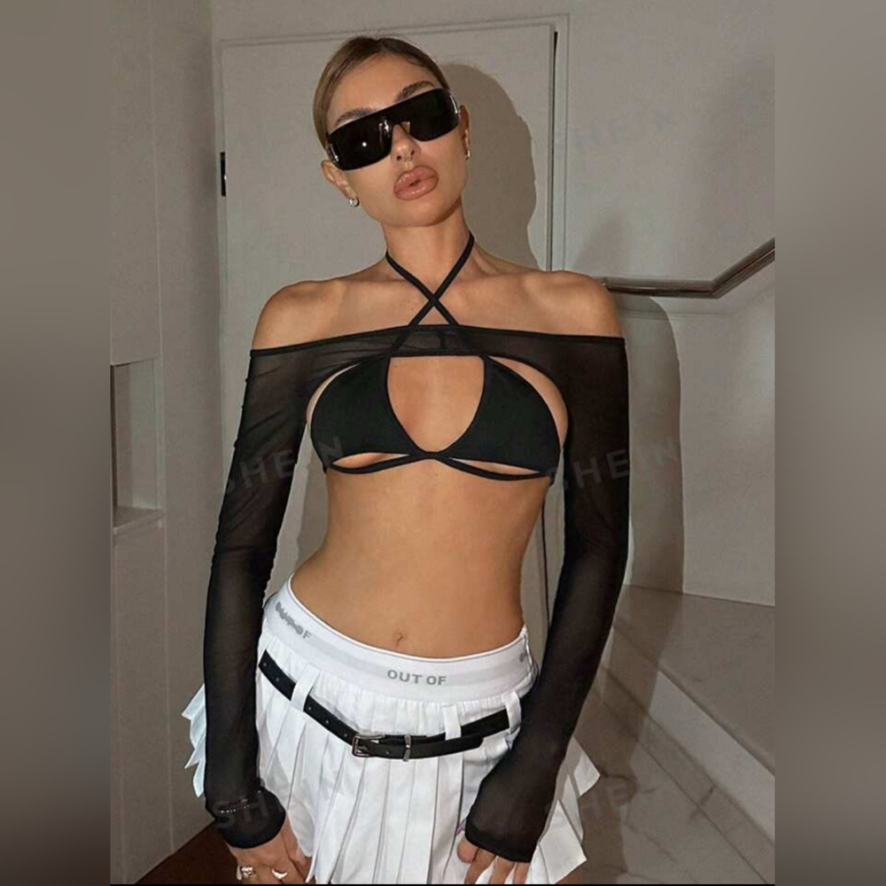 Black Halter Triangle Bikini Cup Top and Mesh Shrug New XXS 0